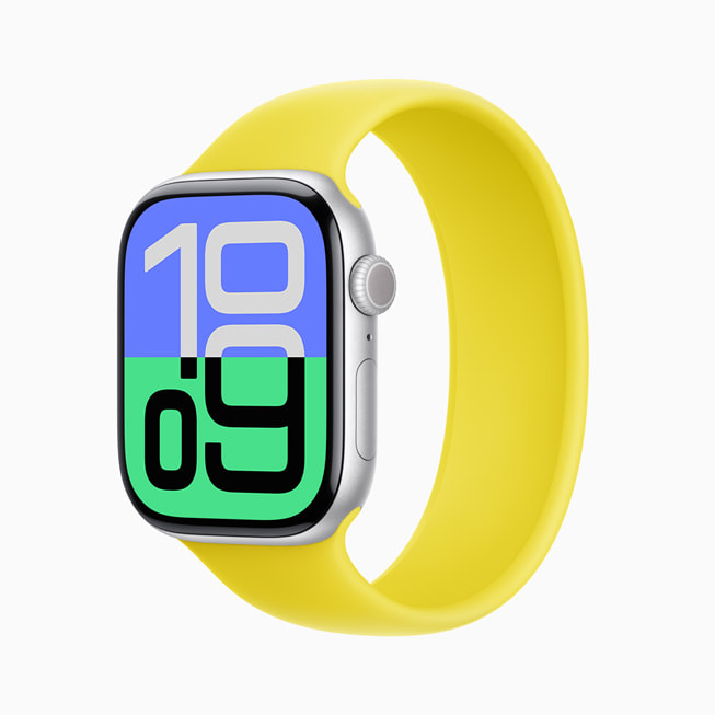 Apple Watch with a silver case and yellow Sport Band