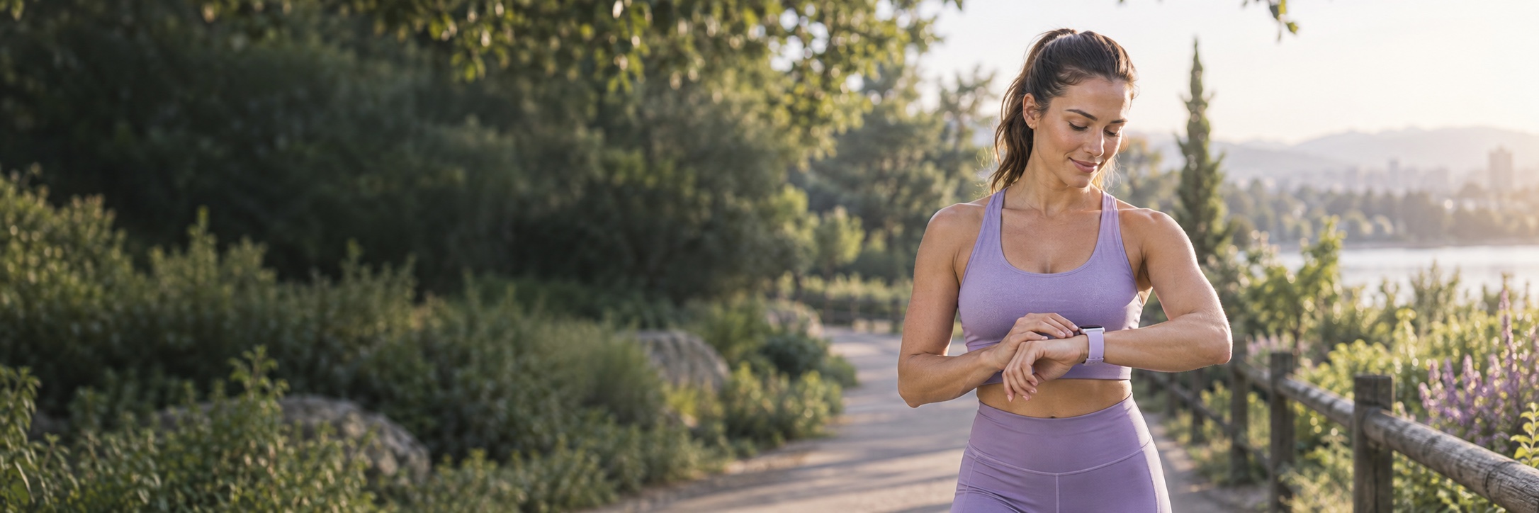 An active woman in lavender sportswear checking the Apple Watch on her wrist during an outdoor workout